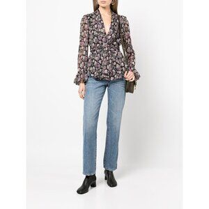 cinq a sept Black Floral Wrap Blouse with Pink & Green Accents